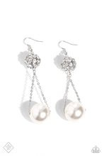 Load image into Gallery viewer, An oversized lustrous white pearl is suspended from two dainty silver chains that delicately sway from an airy silver sphere, adorned in sparkling white gems for a classy dance of elegance at the ear. Earring attaches to a standard fishhook fitting.  Sold as one pair of earrings.
