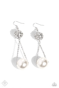 An oversized lustrous white pearl is suspended from two dainty silver chains that delicately sway from an airy silver sphere, adorned in sparkling white gems for a classy dance of elegance at the ear. Earring attaches to a standard fishhook fitting.  Sold as one pair of earrings.