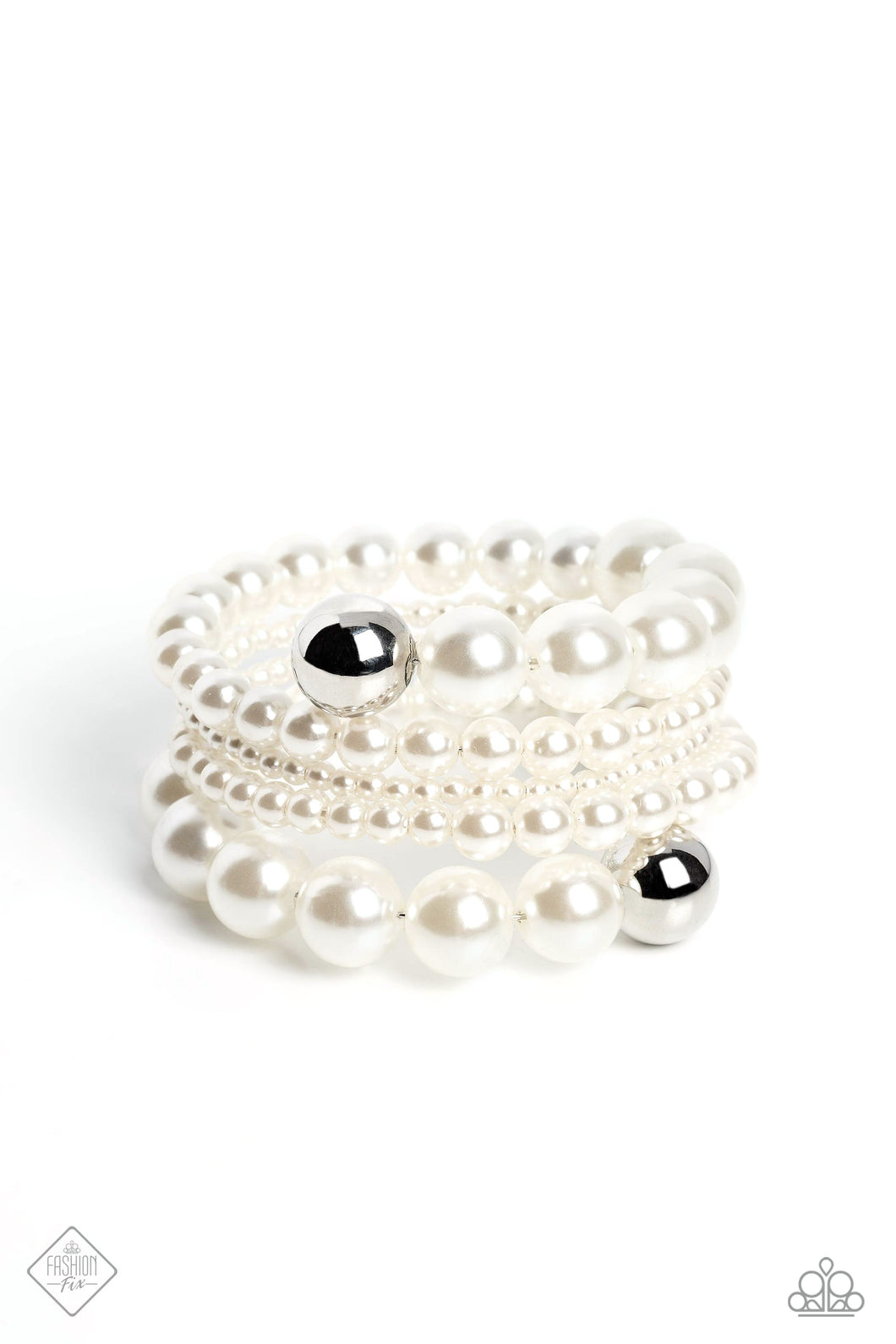 Varying sizes of lustrous pearls are threaded along a wire that curves and spins around the wrist, creating an elegant infinity wrap style bracelet. Reflective silver beads border the ends of the pearly display for additional sheen and glitz.  Sold as one individual bracelet.
