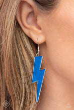 Load image into Gallery viewer, A bold blue lightning bolt is bordered by a sleek silver frame, resulting in an electric pop of color that swings playfully from the ear. Earring attaches to a standard fishhook fitting.  Sold as one pair of earrings.
