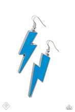 Load image into Gallery viewer, A bold blue lightning bolt is bordered by a sleek silver frame, resulting in an electric pop of color that swings playfully from the ear. Earring attaches to a standard fishhook fitting.  Sold as one pair of earrings.
