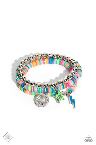Multicolored clay discs with silver beads, combine with a strand of silver beads with additional silver accents for a dramatic pop of color along the wrist on stretchy bands. Dangling from the multicolored stacks, a painted blue lightning bolt charm and a silver peace sign add a psychedelic finish to the design.  Sold as one set of three bracelets.