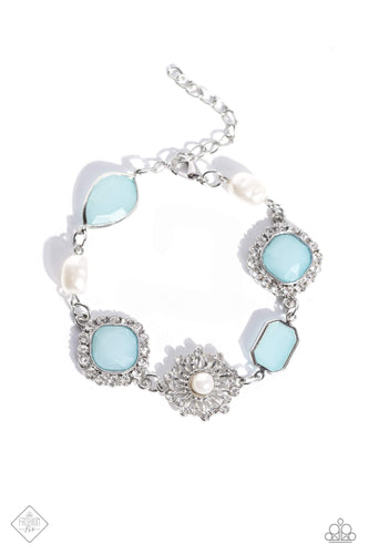 Baroque white pearls, faceted, Skylight, Asscher-cut beads in a border of white rhinestones, a brilliant silver sunburst dotted with white rhinestones and a white pearl center, and Skylight beads in emerald-cut and teardrop shapes pressed in sleek silver frames, alternate and interconnect around the wrist for a whimsical pop of color. Features an adjustable clasp closure.  Sold as one individual bracelet.