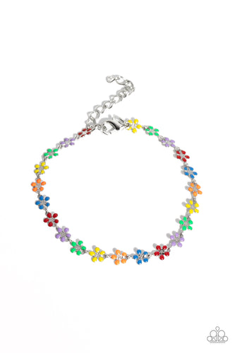 Dotted with dainty silver flower centers, colorful petaled flowers link around the wrist for a colorfully seasonal look. Features an adjustable clasp closure.