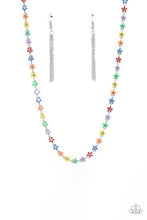 Load image into Gallery viewer, Dotted with dainty silver flower centers, colorful petaled flowers link below the collar for a colorfully seasonal look. Features an adjustable clasp closure.
