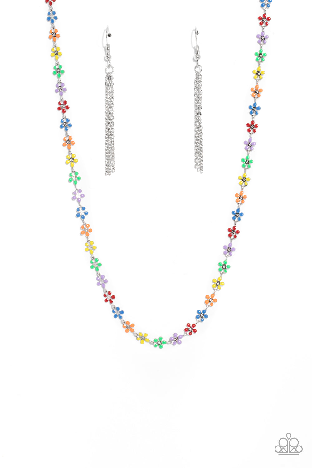 Dotted with dainty silver flower centers, colorful petaled flowers link below the collar for a colorfully seasonal look. Features an adjustable clasp closure.