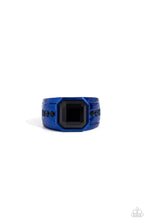 Load image into Gallery viewer, A commanding square-cut black gem is pressed into the center of a sleek blue-dipped frame creating an edgy centerpiece atop the finger. Dainty black gems flank the blue frame for additional attitude. Features a stretchy band for a flexible fit.
