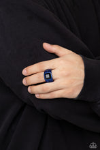 Load image into Gallery viewer, A commanding square-cut black gem is pressed into the center of a sleek blue-dipped frame creating an edgy centerpiece atop the finger. Dainty black gems flank the blue frame for additional attitude. Features a stretchy band for a flexible fit.
