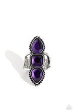 Load image into Gallery viewer, Featuring square and teardrop cuts, vivacious purple gems are pressed into a studded and sleek silver frame, creating a stacked, grand display atop the finger. Airy silver bands anchor the blinding bling to the finger for additional whimsical detail. Features a stretchy band for a flexible fit. 
