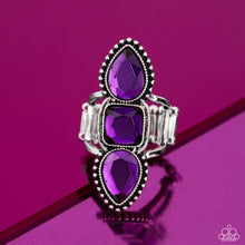 Load image into Gallery viewer, Featuring square and teardrop cuts, vivacious purple gems are pressed into a studded and sleek silver frame, creating a stacked, grand display atop the finger. Airy silver bands anchor the blinding bling to the finger for additional whimsical detail. Features a stretchy band for a flexible fit. 
