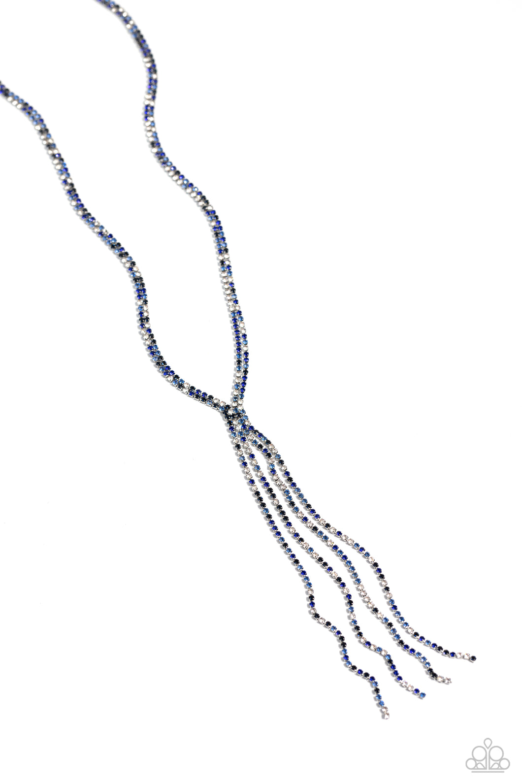 Featuring sleek square fittings, two strands of glittery, dainty multicolored blue rhinestones connect down the chest for a refined centerpiece. The interconnected rows delicately give way to freefalling multicolored blue layers, creating additional strands of glitzy movement. Features an adjustable clasp closure.
