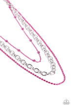 Load image into Gallery viewer, A sleek silver link chain swings from the middle of a display of mismatched dainty pink chains, creating an edgy layered display. Features an adjustable clasp closure. 

