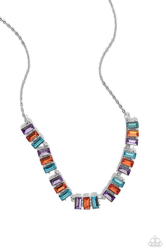 Featuring pronged frames of three, emerald-cut bars splashed in glassy blue, purple, and orange hues collect along a dainty silver chain down the neckline for a refined pop of color. Features an adjustable clasp closure