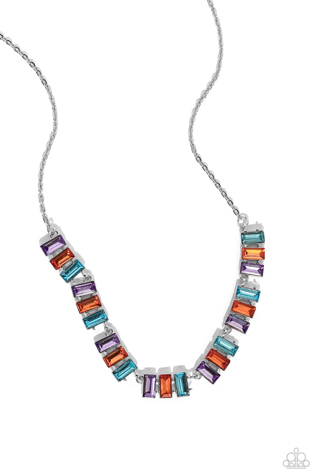 Featuring pronged frames of three, emerald-cut bars splashed in glassy blue, purple, and orange hues collect along a dainty silver chain down the neckline for a refined pop of color. Features an adjustable clasp closure