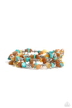 Load image into Gallery viewer, Featuring a chiseled finish, a mismatched collection of orange, turquoise, and yellow stones and shiny silver beads are threaded along a coiled wire, creating an earthy infinity wrap style bracelet. As the stone elements in this piece are natural, some color variation is normal. 
