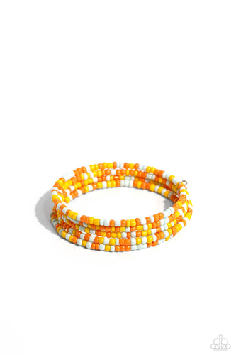 Row after row of yellow, orange, peach, and light blue seed beads coil around the wrist, creating a charismatic infinity wrap style bracelet