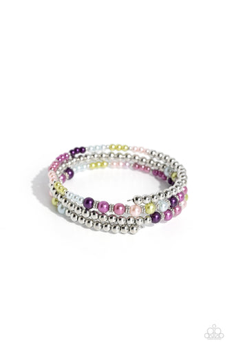A collection of bright multicolored pearls and shiny silver beads and accents are threaded along a wire that coils around the wrist, creating an eye-catching infinity wrap style bracelet. 