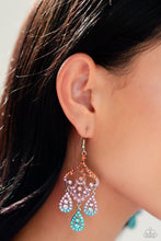 Load image into Gallery viewer, Three rhinestone-encrusted teardrops drip from the bottom of an ornate decorative frame, creating an elegant fringe. The decorative frame swirls with ombré rhinestones that go from orange to pink to blue shades in varying sizes for a timelessly over-the-top sparkle. Earring attaches to a standard fishhook fitting.
