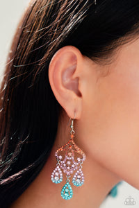 Three rhinestone-encrusted teardrops drip from the bottom of an ornate decorative frame, creating an elegant fringe. The decorative frame swirls with ombré rhinestones that go from orange to pink to blue shades in varying sizes for a timelessly over-the-top sparkle. Earring attaches to a standard fishhook fitting.