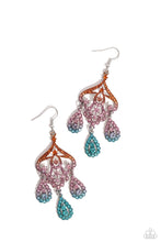 Load image into Gallery viewer, Three rhinestone-encrusted teardrops drip from the bottom of an ornate decorative frame, creating an elegant fringe. The decorative frame swirls with ombré rhinestones that go from orange to pink to blue shades in varying sizes for a timelessly over-the-top sparkle. Earring attaches to a standard fishhook fitting.
