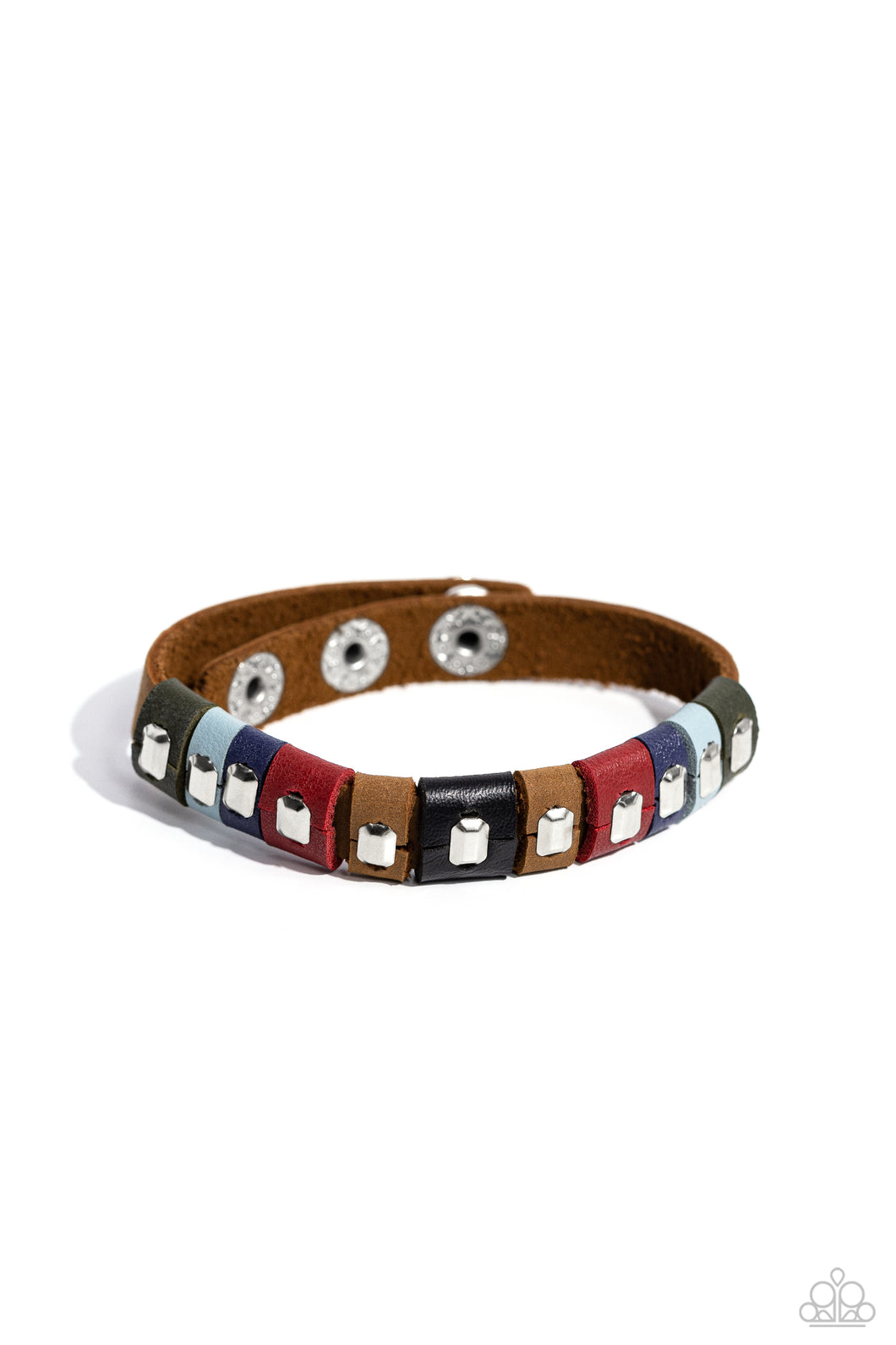 Sections of green, blue, red, brown, and black leather wrap around an urban brown leather band. Emerald-cut silver frames stud the centers of each multicolored suede band, adding a touch of industrial grit to the rustic display. Features an adjustable snap closure. 