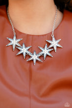 Load image into Gallery viewer, Dotted with various sizes of highly reflective white rhinestones, a stellar collection of 3D silver stars interlock from a dainty silver link chain for an out-of-this-world edgy fashion. Features an adjustable clasp closure. 
