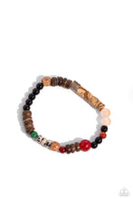 Load image into Gallery viewer, Infused along a stretchy band around the wrist, a strand of colorful glassy, stone, and acrylic beads joins a spotted collection of wood beads for a colorfully urban look. As the stone elements in this piece are natural, some color variation is normal. 
