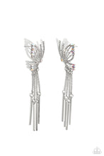 Load image into Gallery viewer, Featuring dainty white rhinestones and dainty marquise-cut iridescent gems, a thin, elongated, airy silver butterfly is titled to the side as if about to take off in flight. A collection of dainty silver rods swings from dainty silver chain tassels at the bottom of the whimsical frame for some free-falling movement. Earring attaches to a standard post fitting. Due to its prismatic palette, color may vary. 
