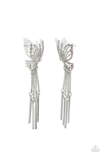 Featuring dainty white rhinestones and dainty marquise-cut iridescent gems, a thin, elongated, airy silver butterfly is titled to the side as if about to take off in flight. A collection of dainty silver rods swings from dainty silver chain tassels at the bottom of the whimsical frame for some free-falling movement. Earring attaches to a standard post fitting. Due to its prismatic palette, color may vary. 