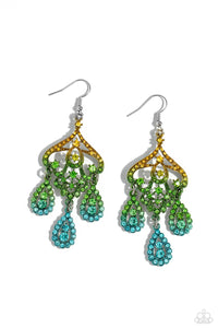 Three rhinestone-encrusted teardrops drip from the bottom of an ornate decorative frame, creating an elegant fringe. The decorative frame swirls with ombré rhinestones that go from yellow to green to blue shades in varying sizes for a timelessly over-the-top sparkle. Earring attaches to a standard fishhook fitting. 