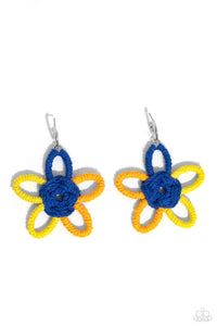 Featuring High Visibility, Persian Jewel, and orange yarn, an oversized flower swings freely from a dainty silver hoop, creating a playful lure. Earring attaches to a standard post fitting. Hoop measures approximately 1/2" in diameter. 