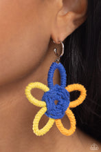 Load image into Gallery viewer, Featuring High Visibility, Persian Jewel, and orange yarn, an oversized flower swings freely from a dainty silver hoop, creating a playful lure. Earring attaches to a standard post fitting. Hoop measures approximately 1/2&quot; in diameter. 
