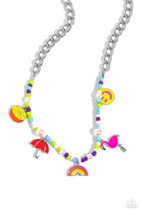 A thick, flat silver curb chain leads down the neckline to a section of purple, baby pink, light blue, and Kohlrabi seed beads and various-sized white pearls. A collection of seasonal charms gather along the colorful display, including a pink flamingo, a High Visibility and Rose Violet smiley face, a Pantone-colored rainbow, a red umbrella, and a burnt orange and yellow-colored orange slice. Features an adjustable clasp closure.