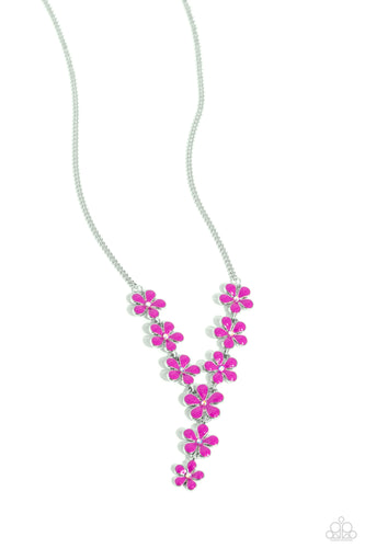  Dotted with iridescent rhinestone centers, whimsical Rose Violet paint flowers delicately link into an extended pendant below the collar for an ethereal fashion. Features an adjustable clasp closure. Due to its prismatic palette, color may vary. 