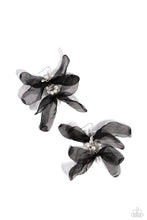 Load image into Gallery viewer, Featuring a layered motif, elongated black silk petals are separated by a sprinkle of white gems in silver fittings that mingle with a cluster of dreamy white pearls, creating a high-society fringe. Earring attaches to a standard fishhook fitting.
