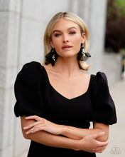 Load image into Gallery viewer, Featuring a layered motif, elongated black silk petals are separated by a sprinkle of white gems in silver fittings that mingle with a cluster of dreamy white pearls, creating a high-society fringe. Earring attaches to a standard fishhook fitting.
