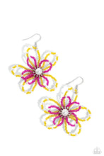 Load image into Gallery viewer, A glossy white pearl blooms from the center of a layered Pink Peacock and High Visibility glassy seed bead flower, infused with additional dainty white pearls, creating a colorful floral frame. Earring attaches to a standard fishhook fitting.
