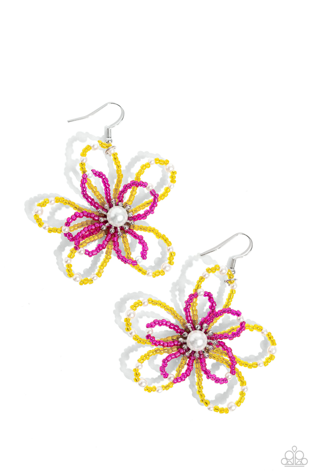 A glossy white pearl blooms from the center of a layered Pink Peacock and High Visibility glassy seed bead flower, infused with additional dainty white pearls, creating a colorful floral frame. Earring attaches to a standard fishhook fitting.