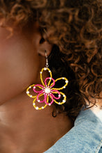 Load image into Gallery viewer, A glossy white pearl blooms from the center of a layered Pink Peacock and High Visibility glassy seed bead flower, infused with additional dainty white pearls, creating a colorful floral frame. Earring attaches to a standard fishhook fitting.
