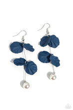 Load image into Gallery viewer, A glossy white pearl delicately links to the bottom of a sleek silver rod. Navy acrylic petals cascade along the silver rod, adding a timeless twist to the classic pearl palette. Earring attaches to a standard fishhook fitting. 
