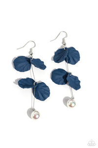 A glossy white pearl delicately links to the bottom of a sleek silver rod. Navy acrylic petals cascade along the silver rod, adding a timeless twist to the classic pearl palette. Earring attaches to a standard fishhook fitting. 