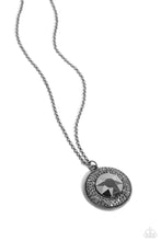 Load image into Gallery viewer, Sparkling with an oversized hematite center, a concaved gunmetal disc encompassing radiating rows of shimmering hematite rhinestones cascades from an elongated gunmetal chain, creating a striking impact. Features an adjustable clasp closure. 
