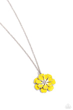 Load image into Gallery viewer, Featuring a rhinestone-dusted center, a collection of Primrose-white-tipped petals blooms against a larger three-dimensional Primrose flower frame for a whimsically colorful pendant. Features an adjustable clasp closure. 
