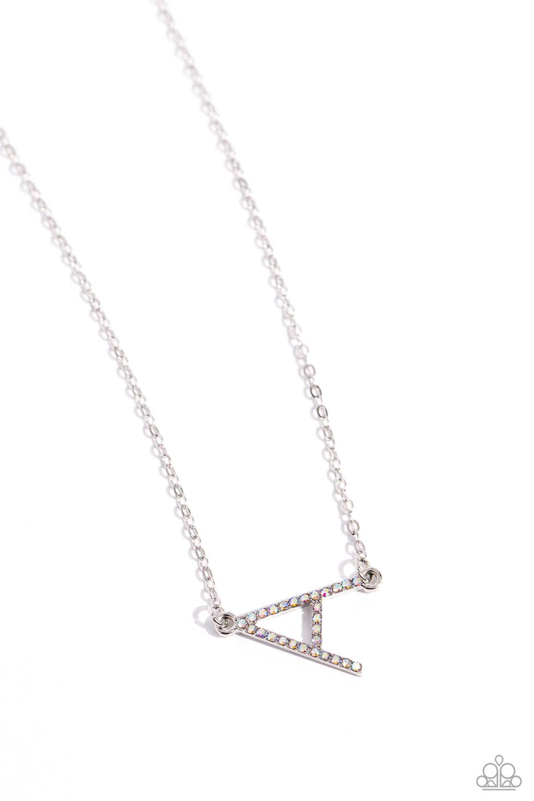 Embossed with dainty iridescent rhinestones, a silver letter 