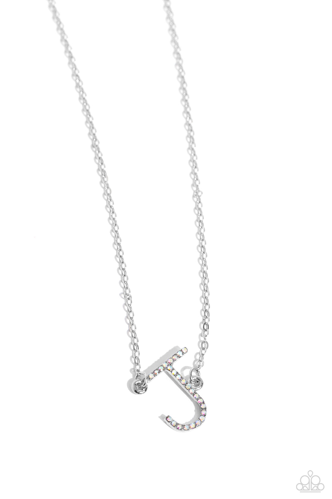 Embossed with dainty iridescent rhinestones, a silver letter 