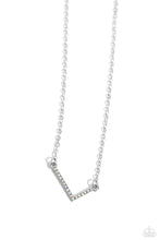 Load image into Gallery viewer, Embossed with dainty iridescent rhinestones, a silver letter &quot;L&quot; hovers below the collar from a dainty silver chain, for a sentimentally simple design. Features an adjustable clasp closure. Due to its prismatic palette, color may vary. 
