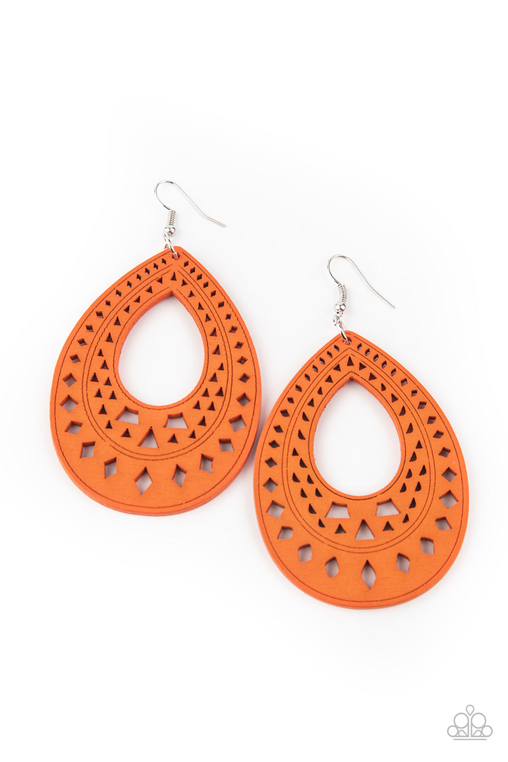 Painted in a vivacious Amberglow finish, a wooden teardrop has been cut into a diamond and triangular stenciled pattern for a tribal inspired flair. Earring attaches to a standard fishhook fitting.  Sold as one pair of earrings.