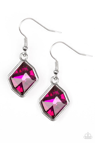 A faceted pink gem is pressed into an abstract silver frame for a refined look. Earring attaches to a standard fishhook fitting.