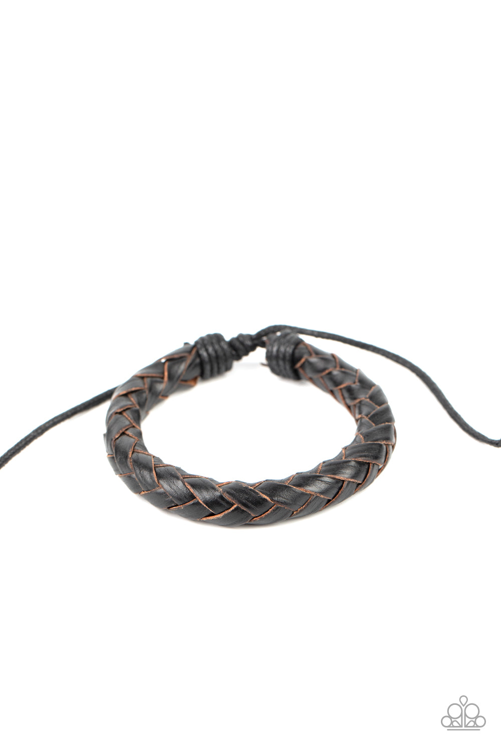 Rustically braided leather laces delicately spin into a boldly woven band around the wrist. Features an adjustable sliding knot closure.