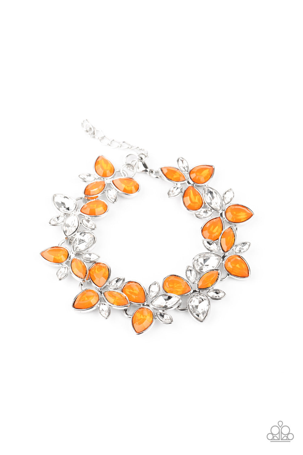 A glittery collection of dewy Amberglow and glassy white teardrop rhinestones delicately connect into colorful frames around the wrist for an icy iridescence. Features an adjustable clasp closure.  Sold as one individual bracelet.